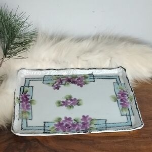 Vintage Floral Ceramic Tray - Purple and Green Accents